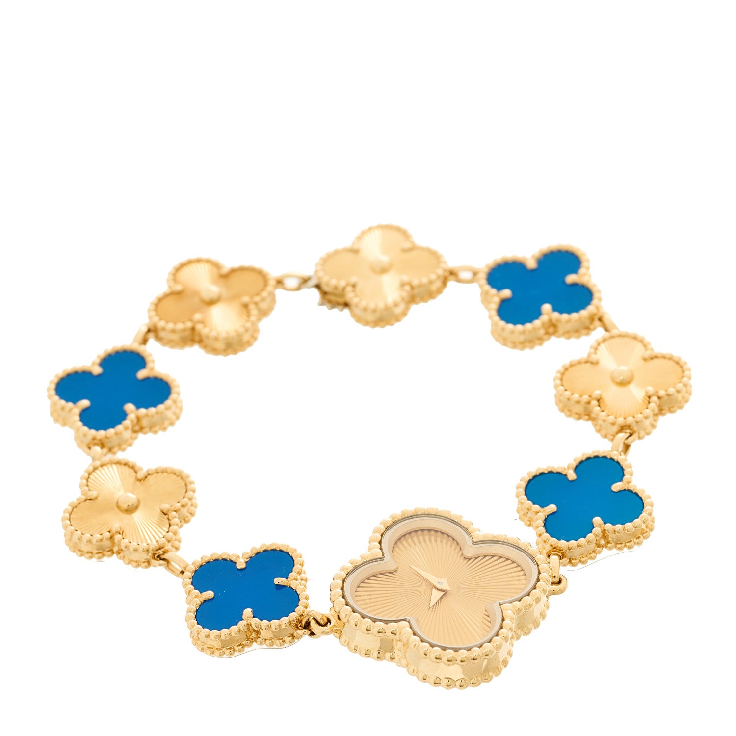 Van Cleef & Arpels 18K Yellow Gold Blue Agate 23mm Alhambra Quartz Watch 2 of 5