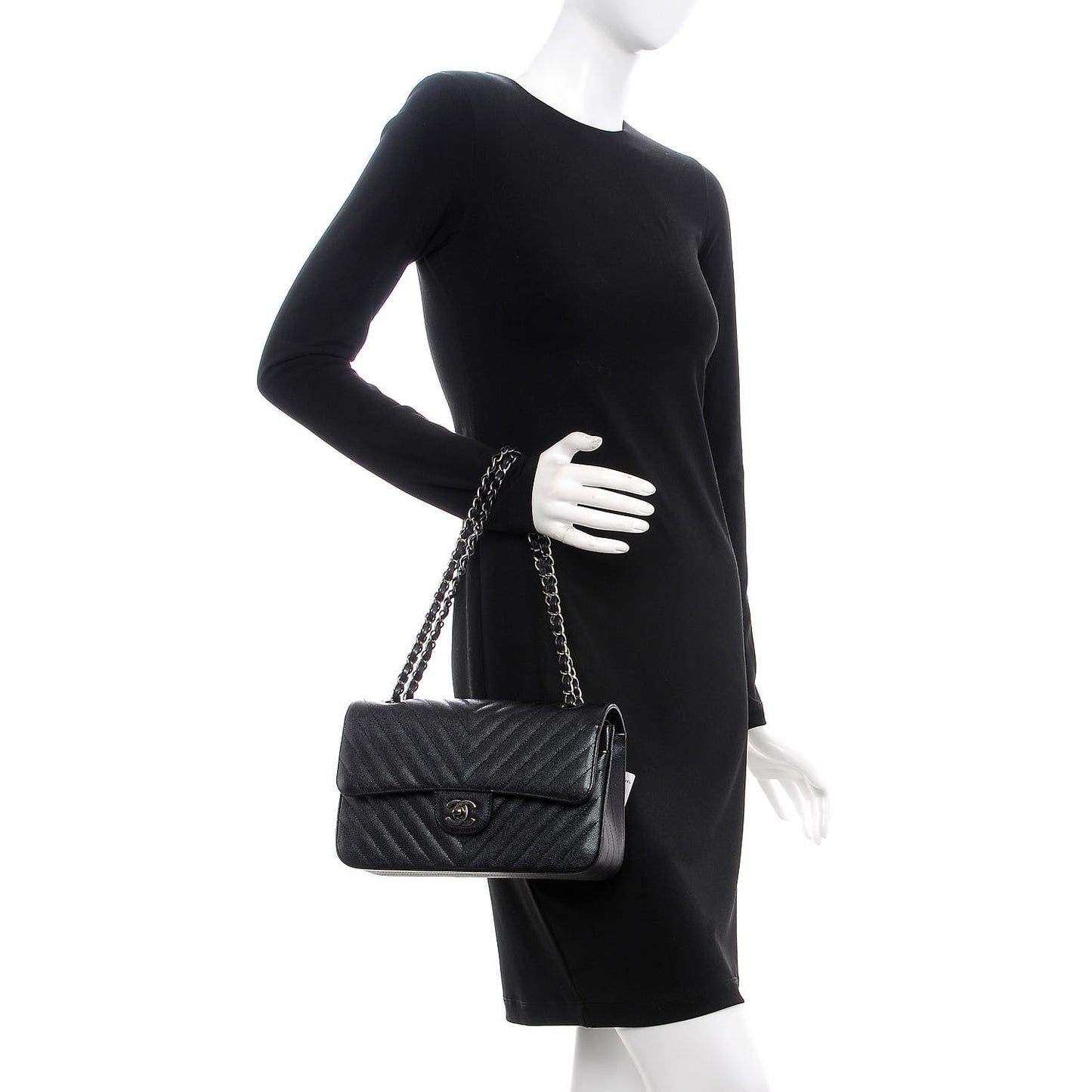 Caviar Chevron Quilted Medium Double Flap Black