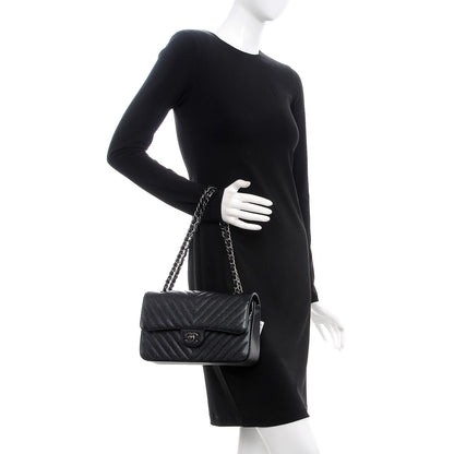 Chanel Caviar Chevron Quilted Medium Double Flap Black 3 of 10