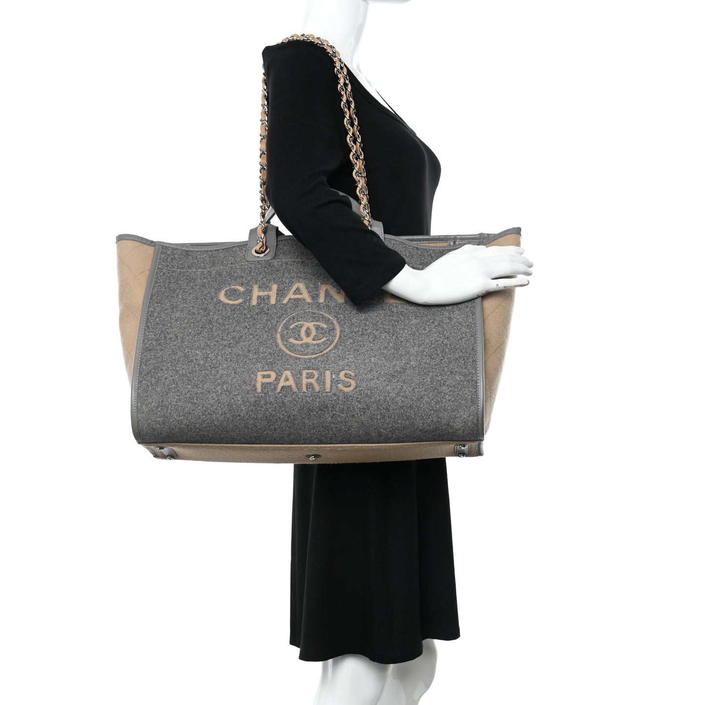 Wool Felt Calfskin Large Deauville Tote Grey Beige