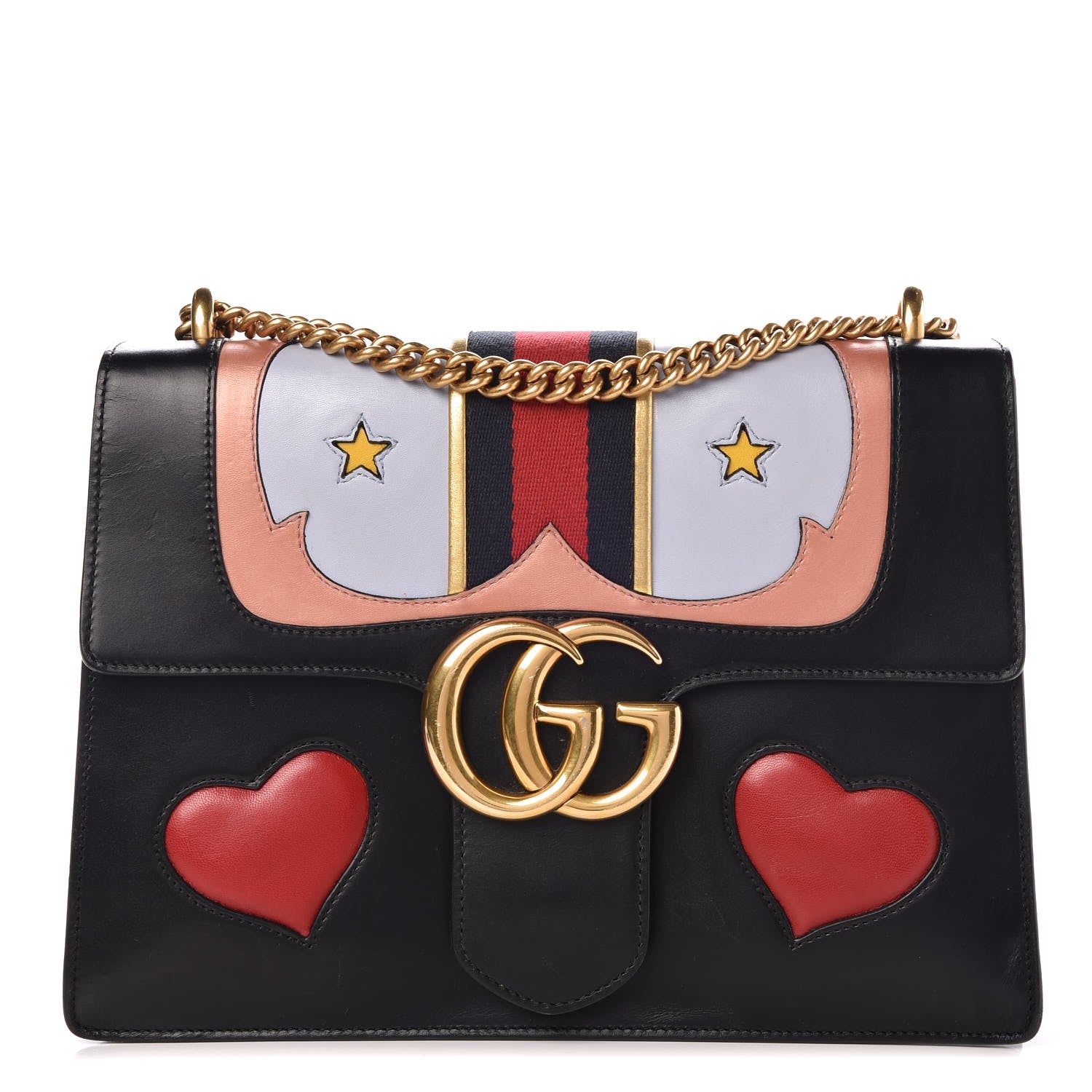 Gucci Calfskin Web Heart Medium GG Marmont Chain Handle Bag Black 1 of 26