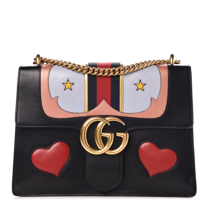 Gucci Calfskin Web Heart Medium GG Marmont Chain Handle Bag Black 1 of 26