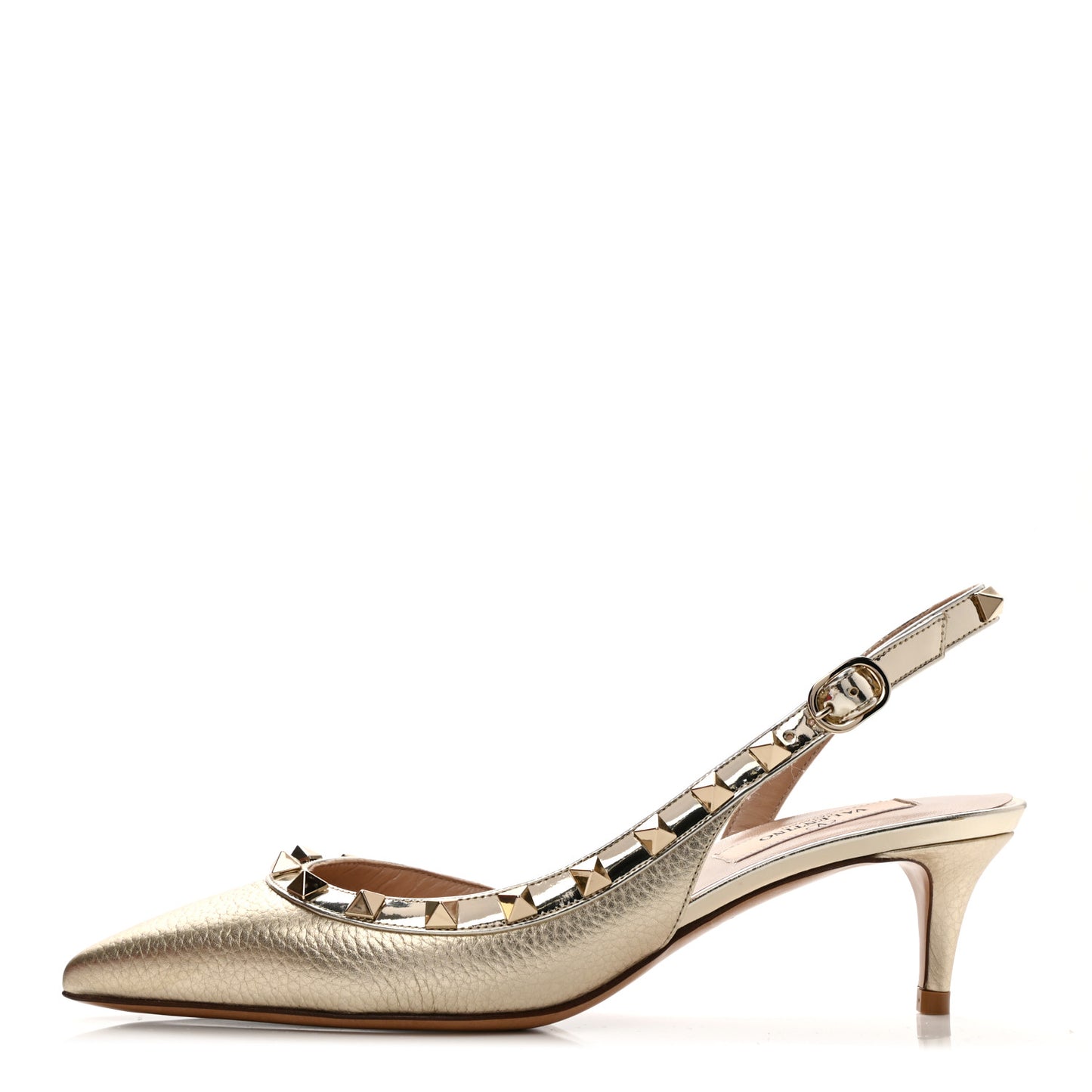 Metallic Pebbled Calfskin Rockstud Half D'Orsay Slingback 50mm Pumps 35.5 Platino