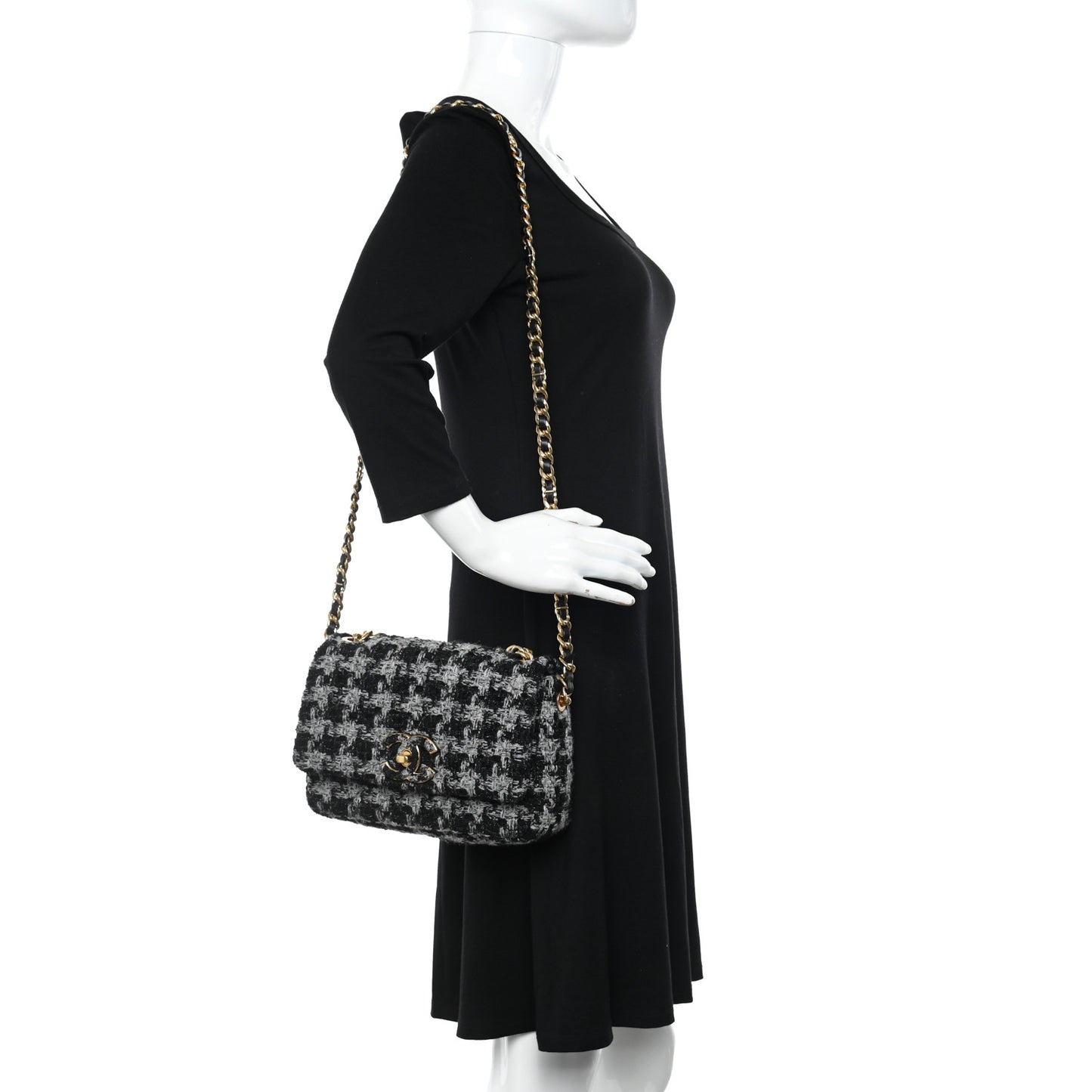 Wool Tweed Quilted Elegant Chain Flap Black Grey