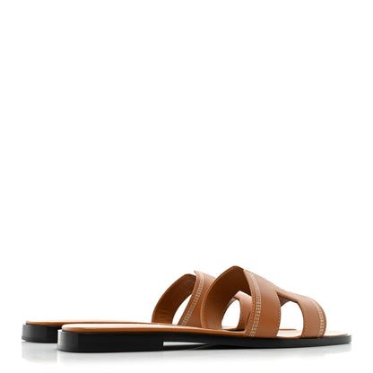 Hermes Calfskin Embroidered Oran Sandals 38.5 Gold 4 of 9