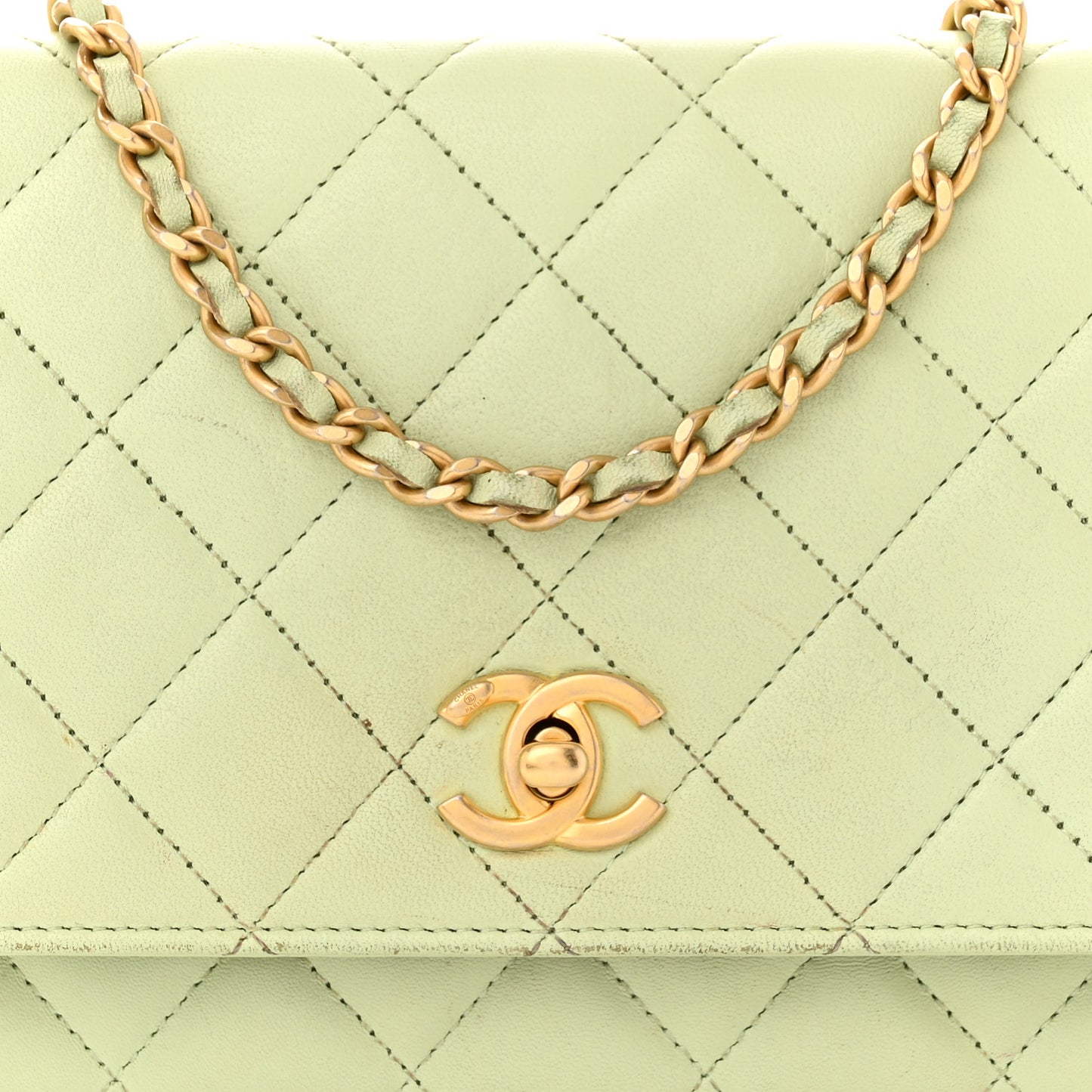 Lambskin Quilted CC Pearl Crush Wallet on Chain WOC Light Green Light Green