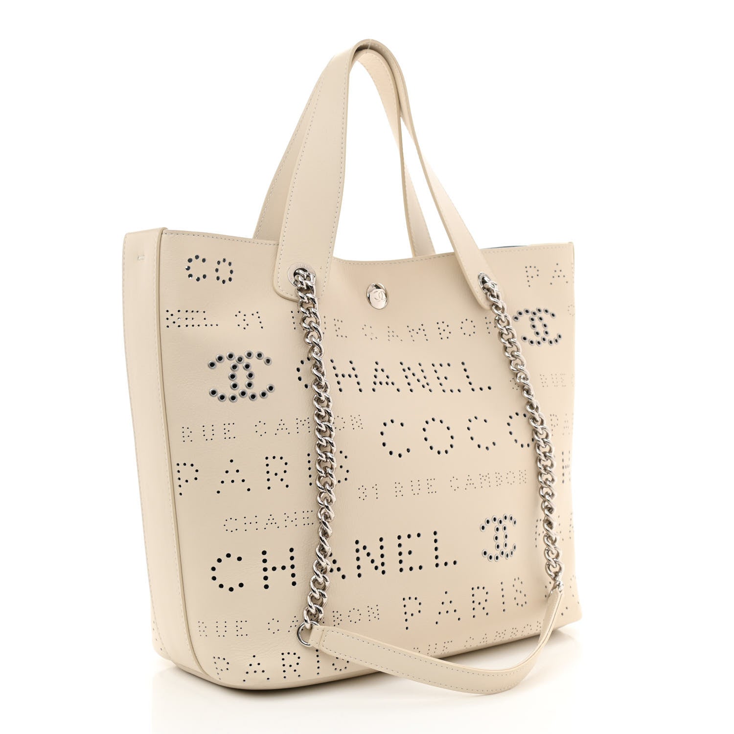 Chanel Calfskin Tweed Small Logo Eyelets Shopping Tote Beige 4 of 12