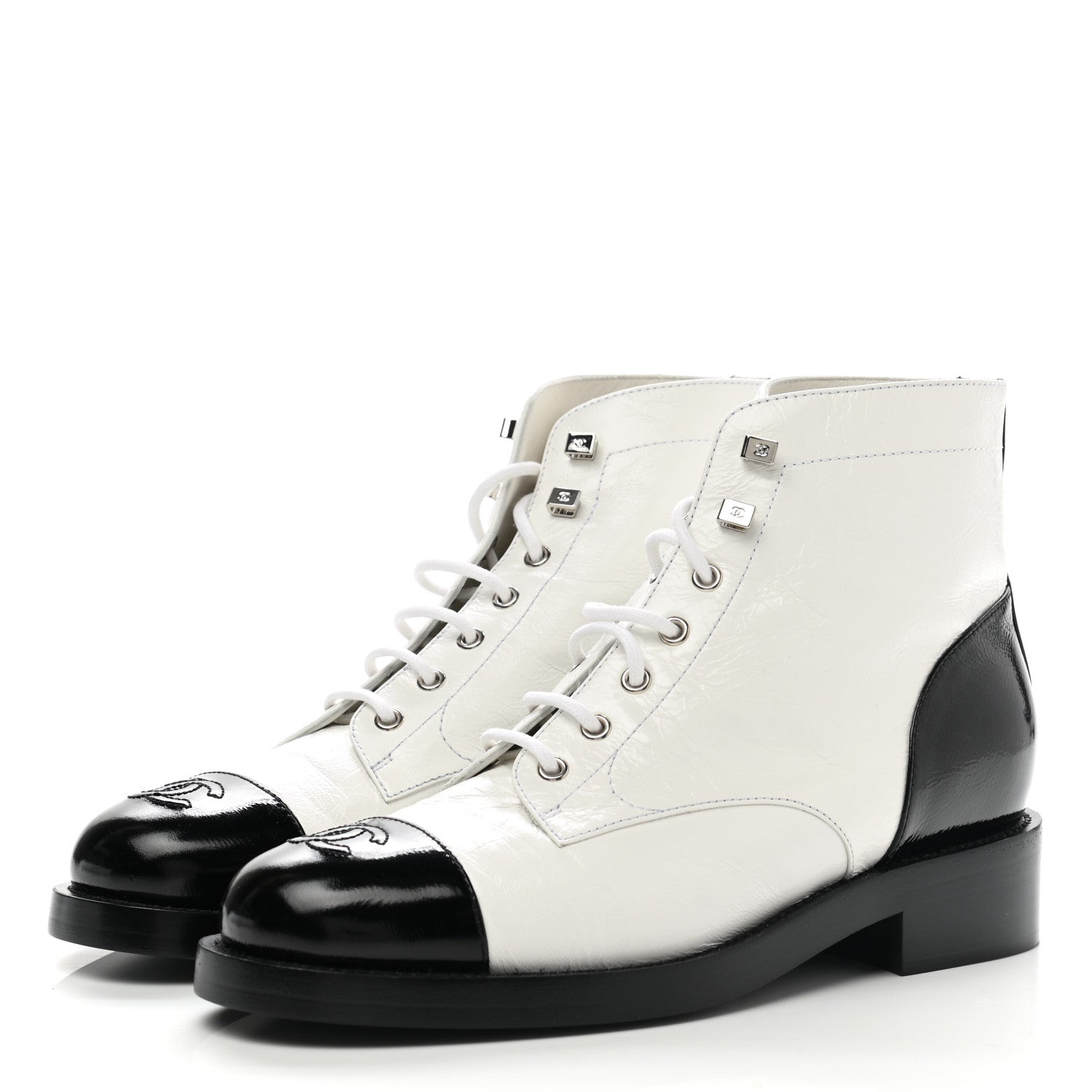 Chanel Distressed Patent Cap Toe Combat Boots 40 White Black 3 of 9