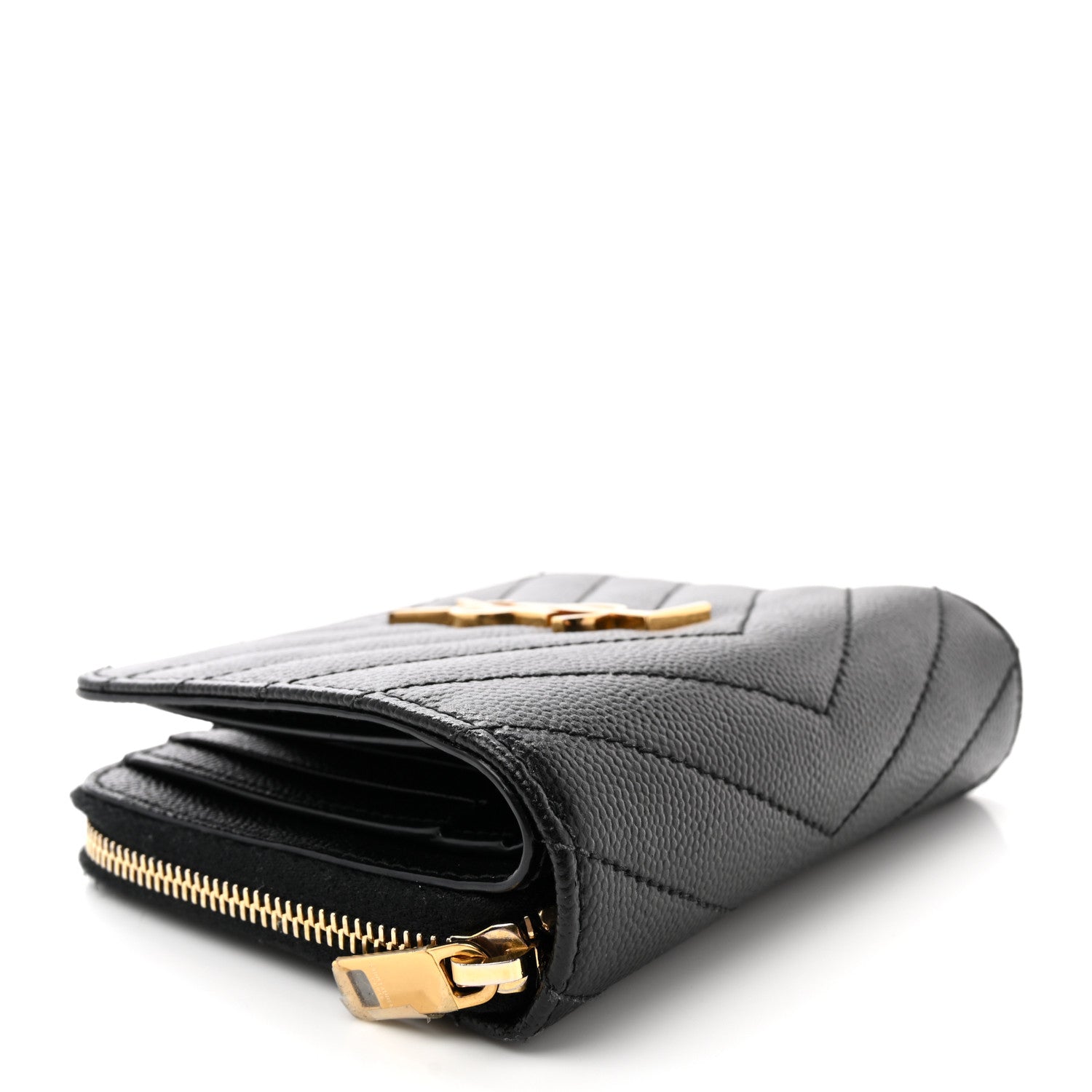 Saint Laurent Grain De Poudre Matelasse Chevron Monogram Compact Zip Around Wallet Black 4 of 9