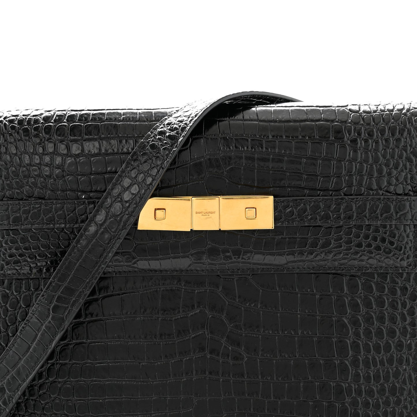 Shiny Calfskin Crocodile Embossed Manhattan Baguette Black