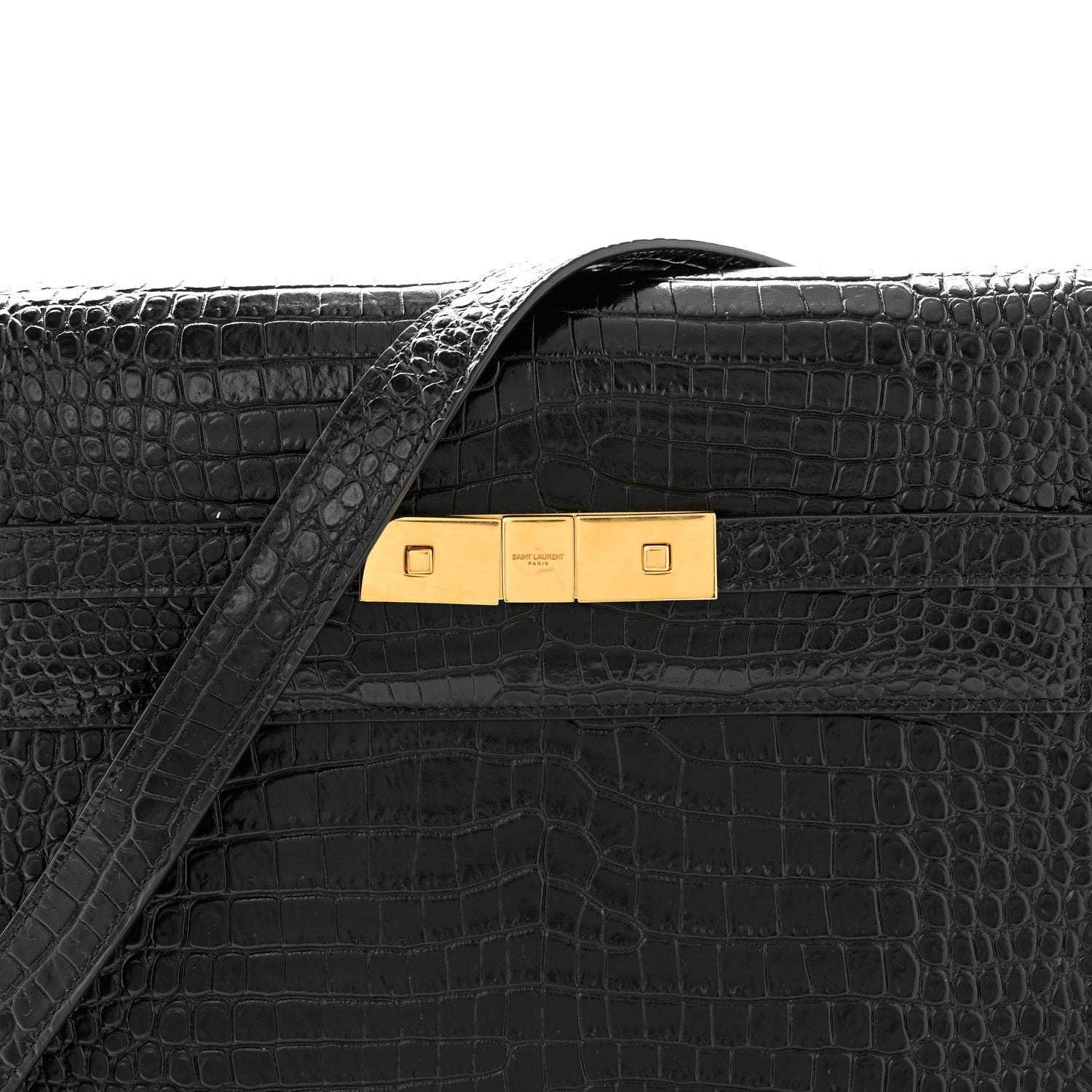 Saint Laurent Shiny Calfskin Crocodile Embossed Manhattan Baguette Black 8 of 10