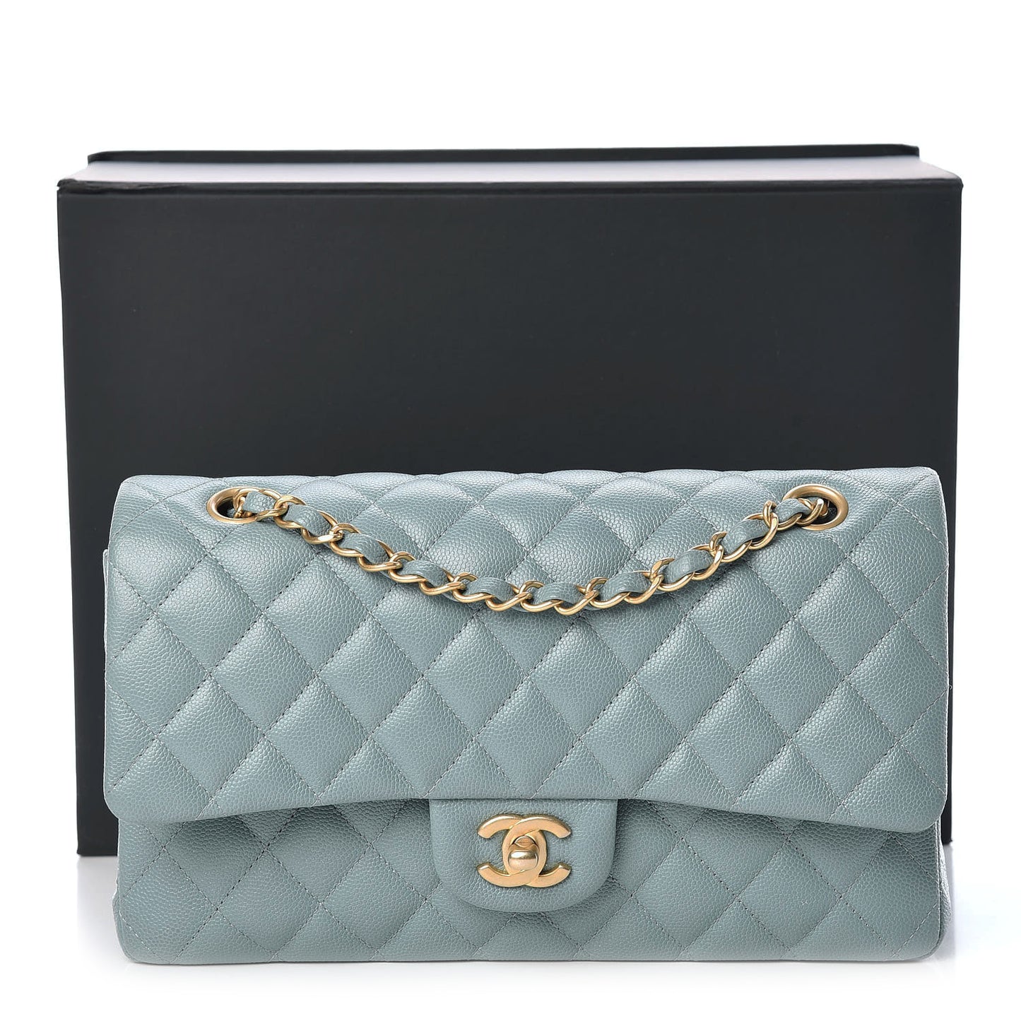 Iridescent Caviar Quilted Medium Double Flap Light Blue