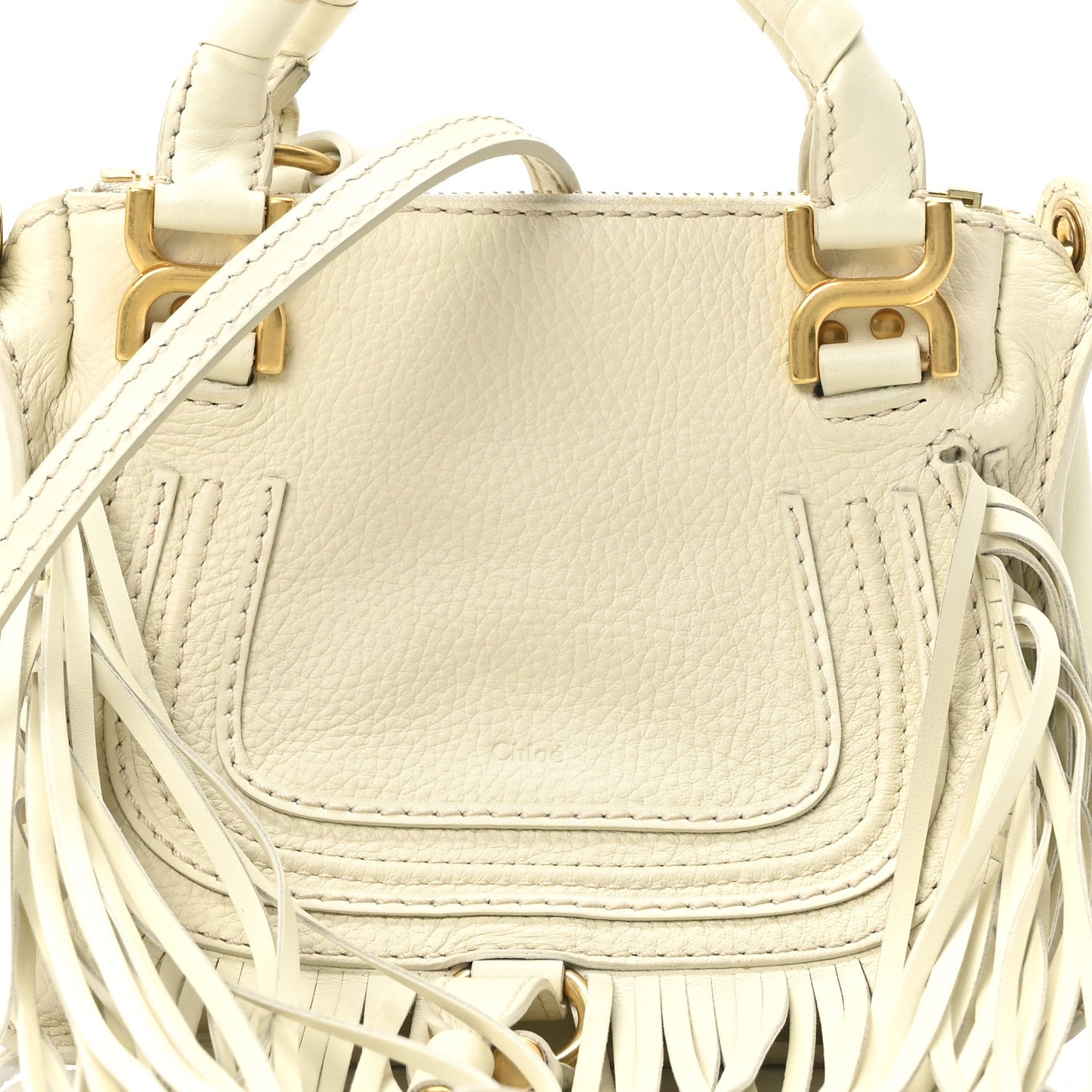 Shiny Small Grain Calfskin Mini Marcie Multi Fringe Satchel Natural White