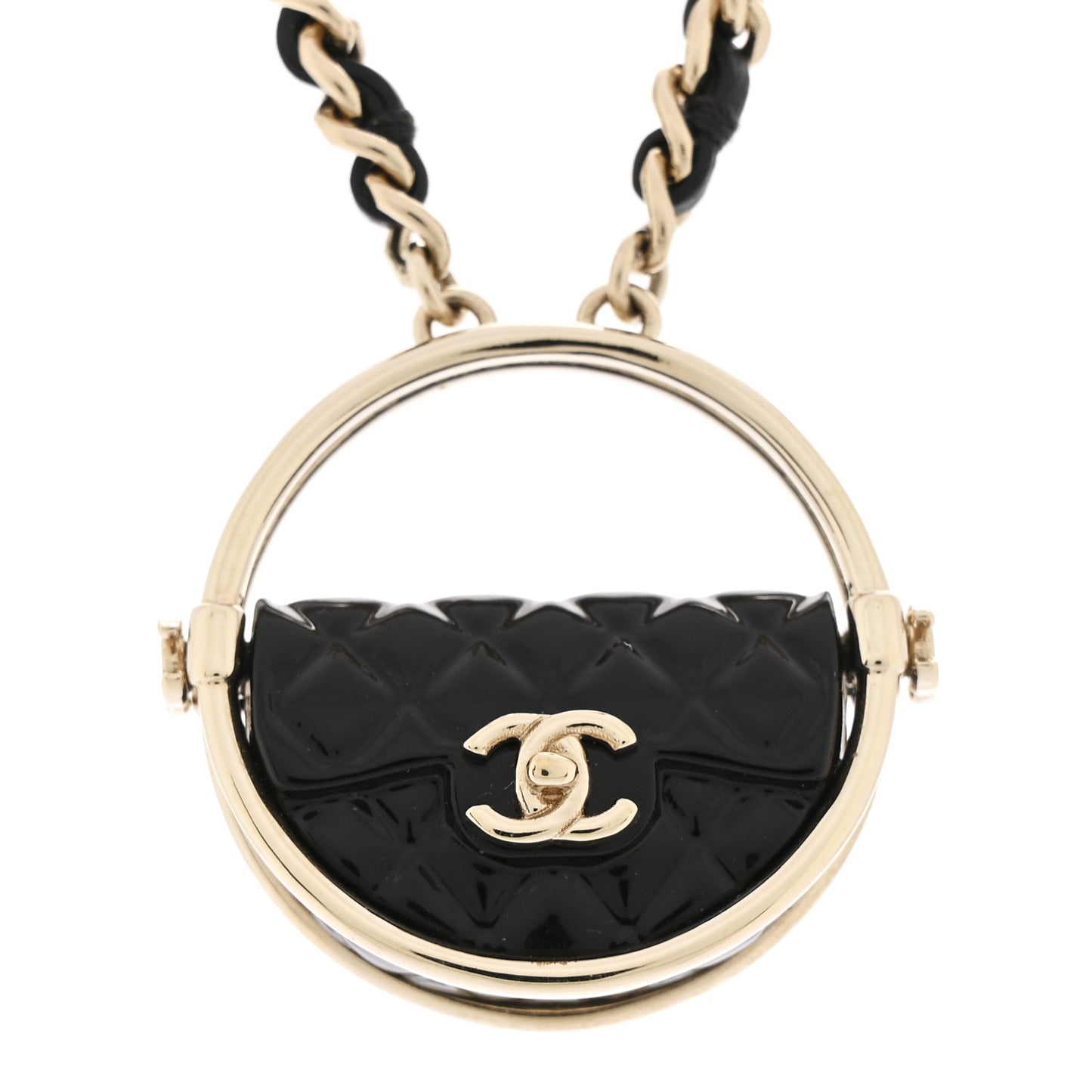 Metal Resin Lambskin Round Flap Necklace Gold Black