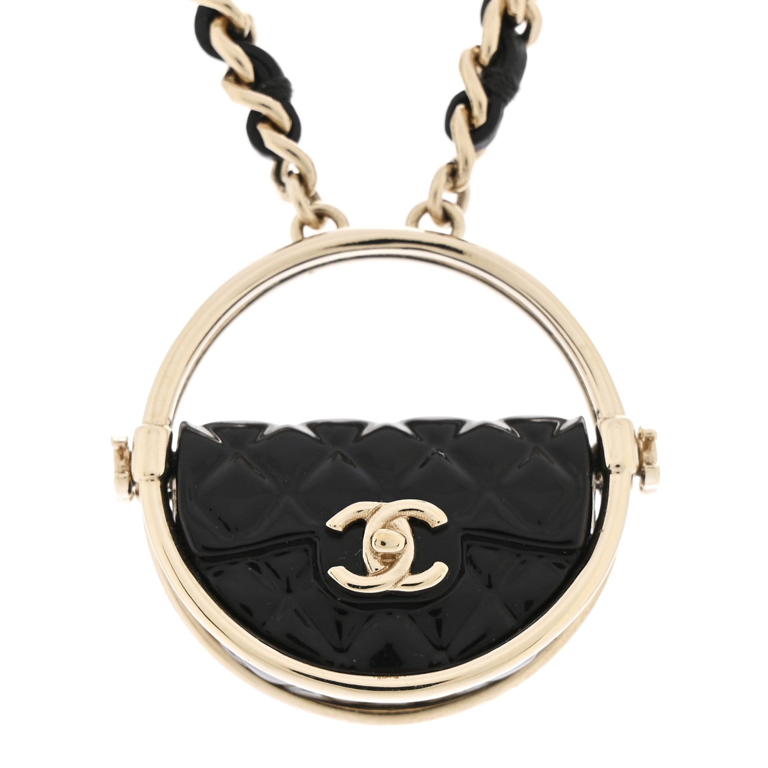 Chanel Metal Resin Lambskin Round Flap Necklace Gold Black 4 of 7