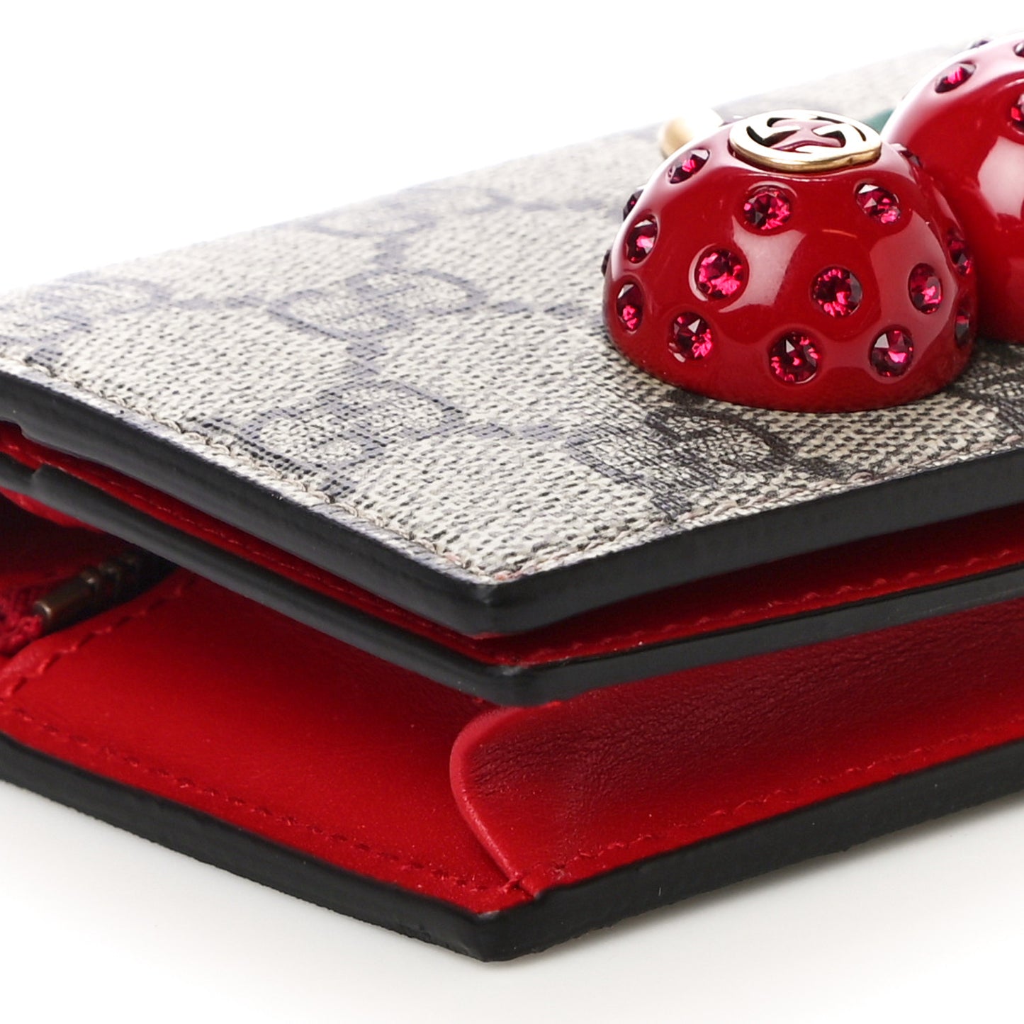 GG Supreme Monogram Cherry Embellished Card Case Wallet Hibiscus Red