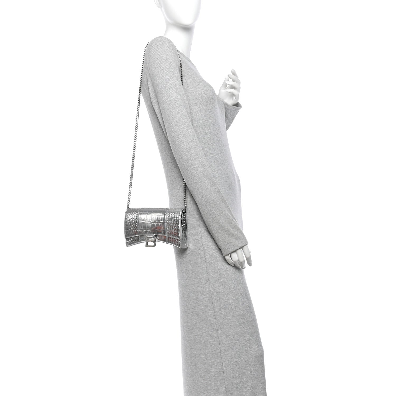 Balenciaga Metallic Calfskin Crocodile Embossed Hourglass Chain Bag Silver 2 of 10