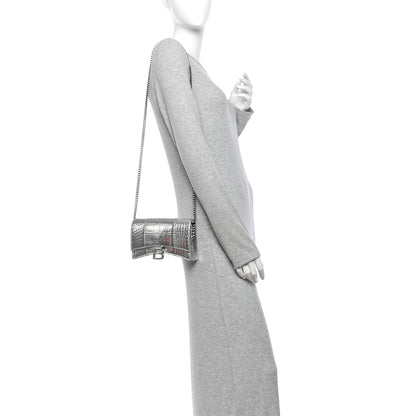 Balenciaga Metallic Calfskin Crocodile Embossed Hourglass Chain Bag Silver 2 of 10