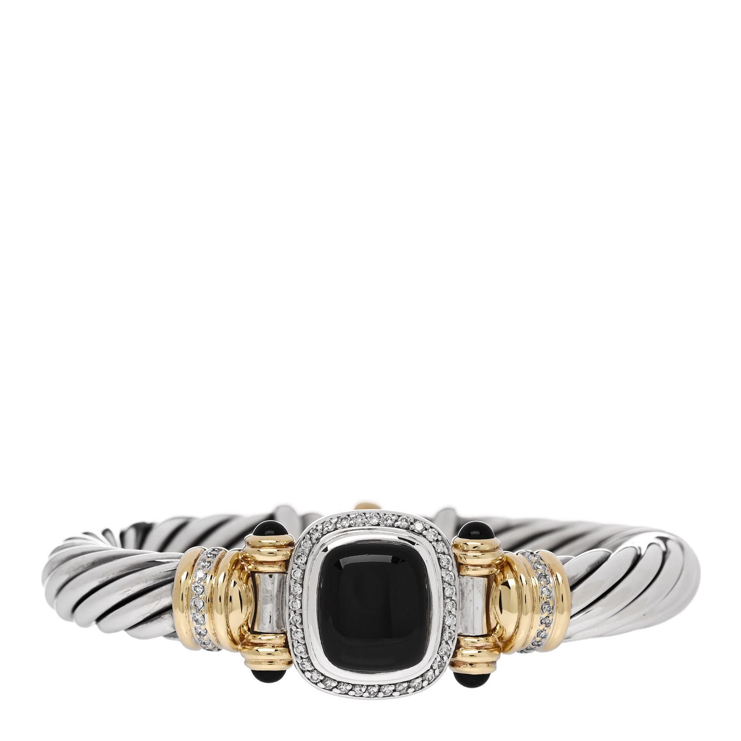 Sterling Silver 18K Yellow Gold Diamond Black Onyx 9mm Cable Bracelet