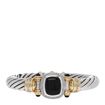 David Yurman Sterling Silver 18K Yellow Gold Diamond Black Onyx 9mm Cable Bracelet 1 of 4