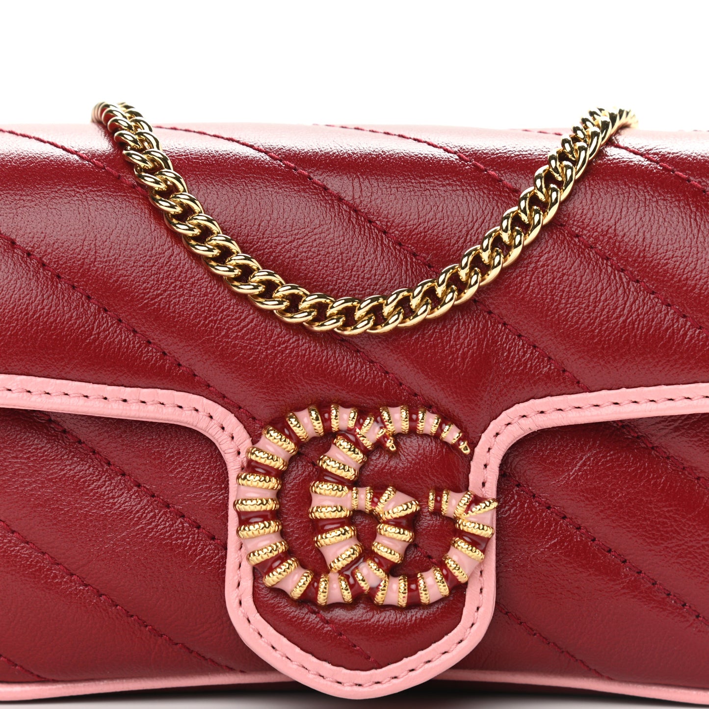 Azalea Calfskin Enamel Matelasse Diagonal Super Mini Torchon GG Marmont Shoulder Bag New Cherry Red Wild Rose