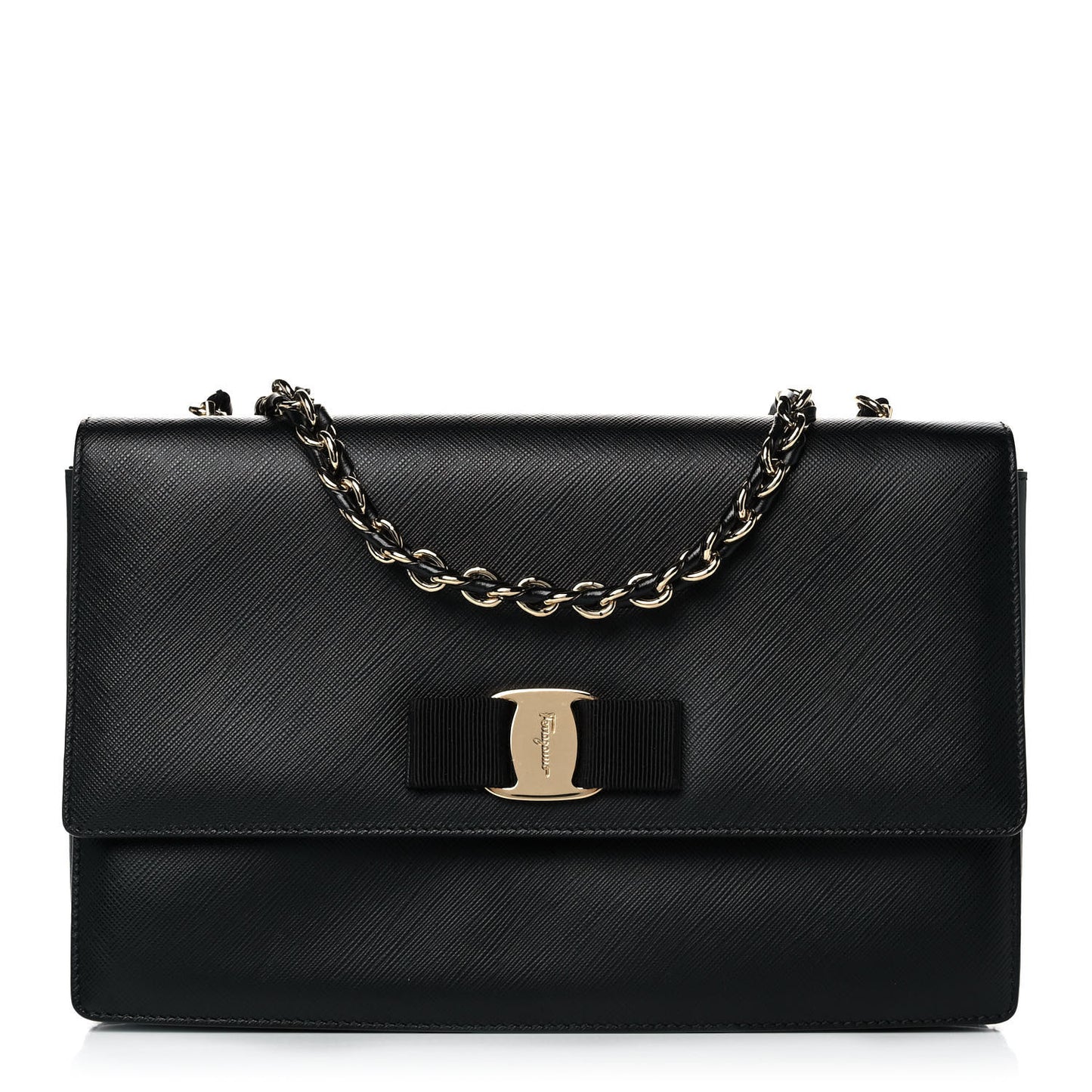 Printed Calfskin Vara Bow Chain Flap Crossbody Black
