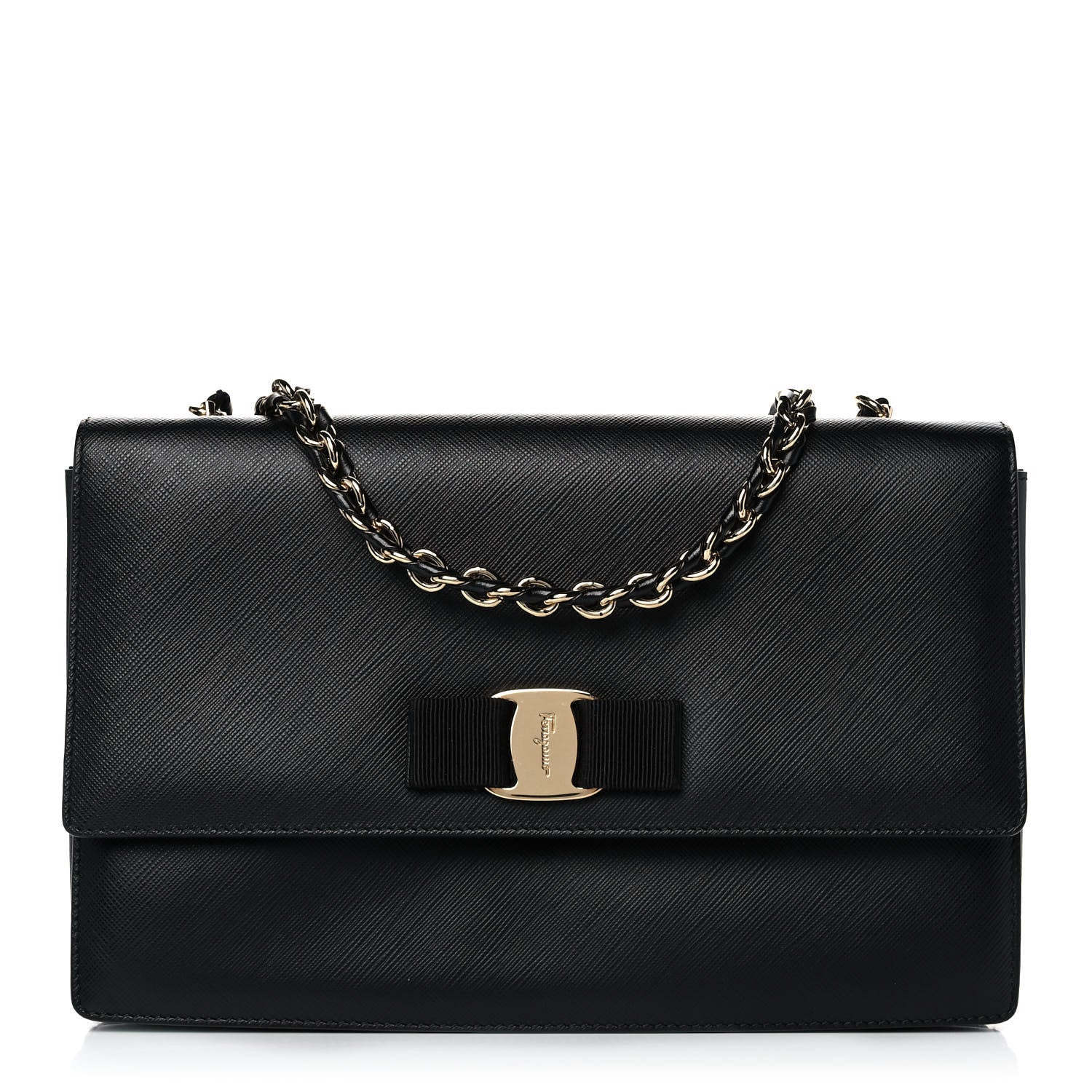 Salvatore Ferragamo Printed Calfskin Vara Bow Chain Flap Crossbody Black 1 of 15