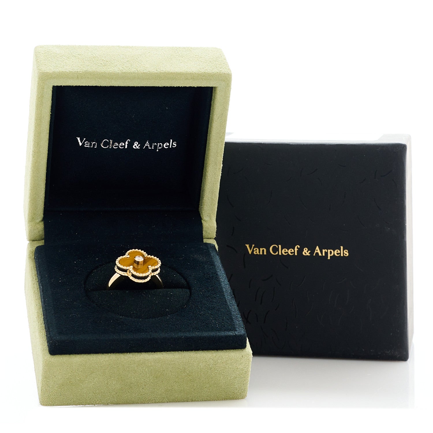 Van Cleef & Arpels 18K Yellow Gold Diamond Tigers Eye Vintage Alhambra Ring 48 4.5 6 of 6