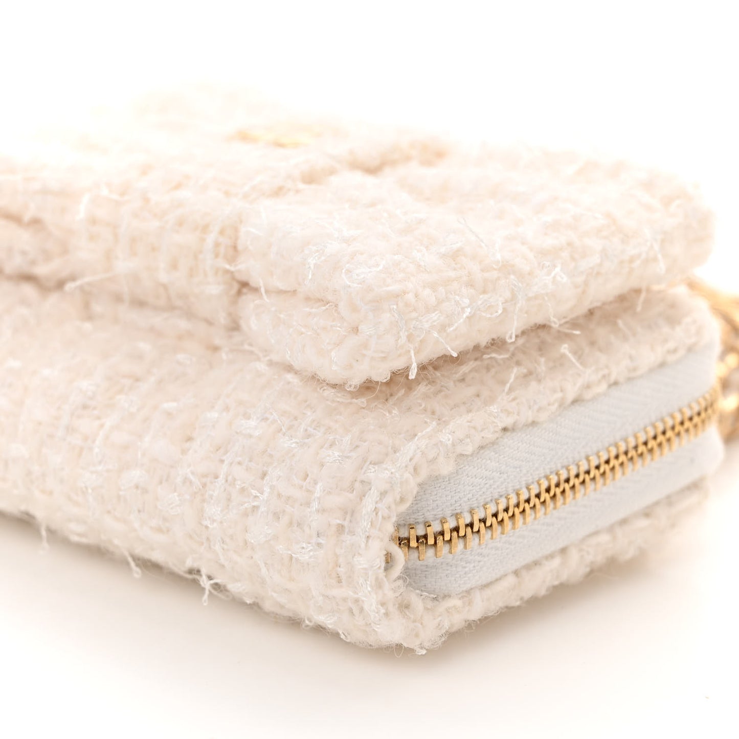 Tweed Quilted Bow Flap Card Holder On Chain White