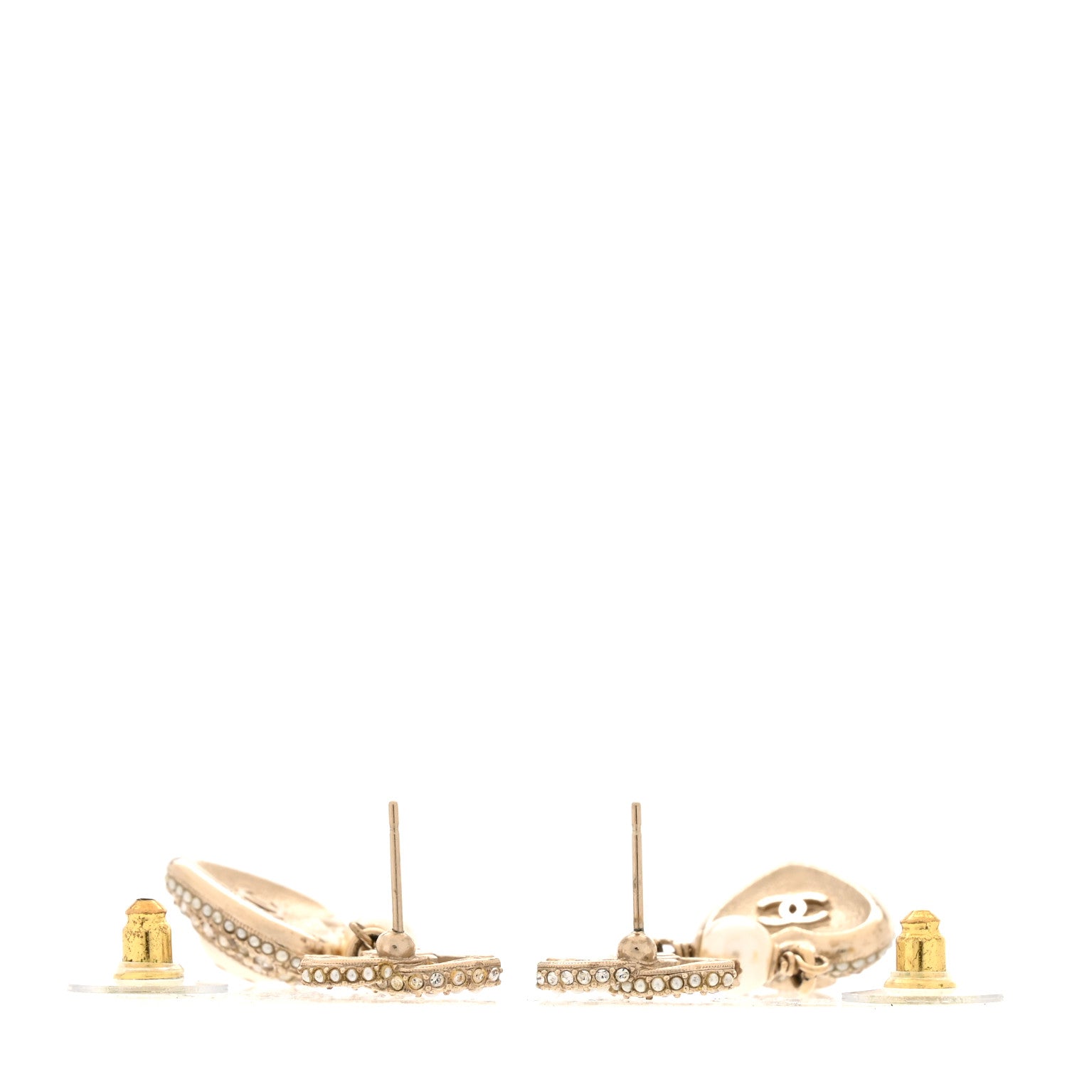 Chanel Pearl Crystal CC Heart Drop Earrings Gold White 3 of 5