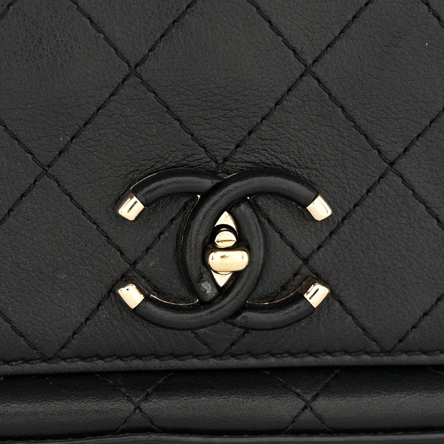 Calfskin Stitched Medium Covered CC Flap Bag Black