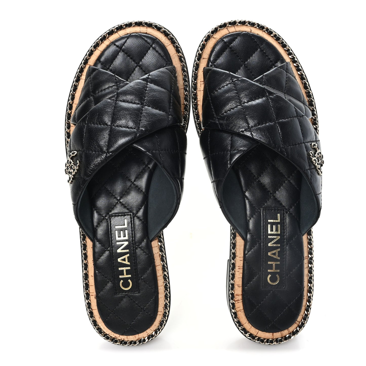 Shiny Lambskin Quilted Chain CC Sandals 38 Black
