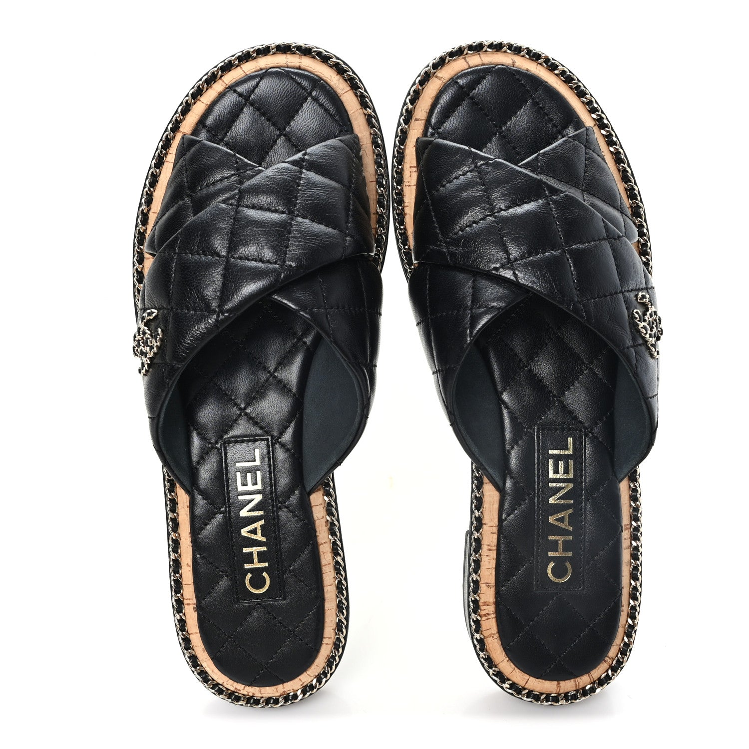 Chanel Shiny Lambskin Quilted Chain CC Sandals 38 Black 2 of 9