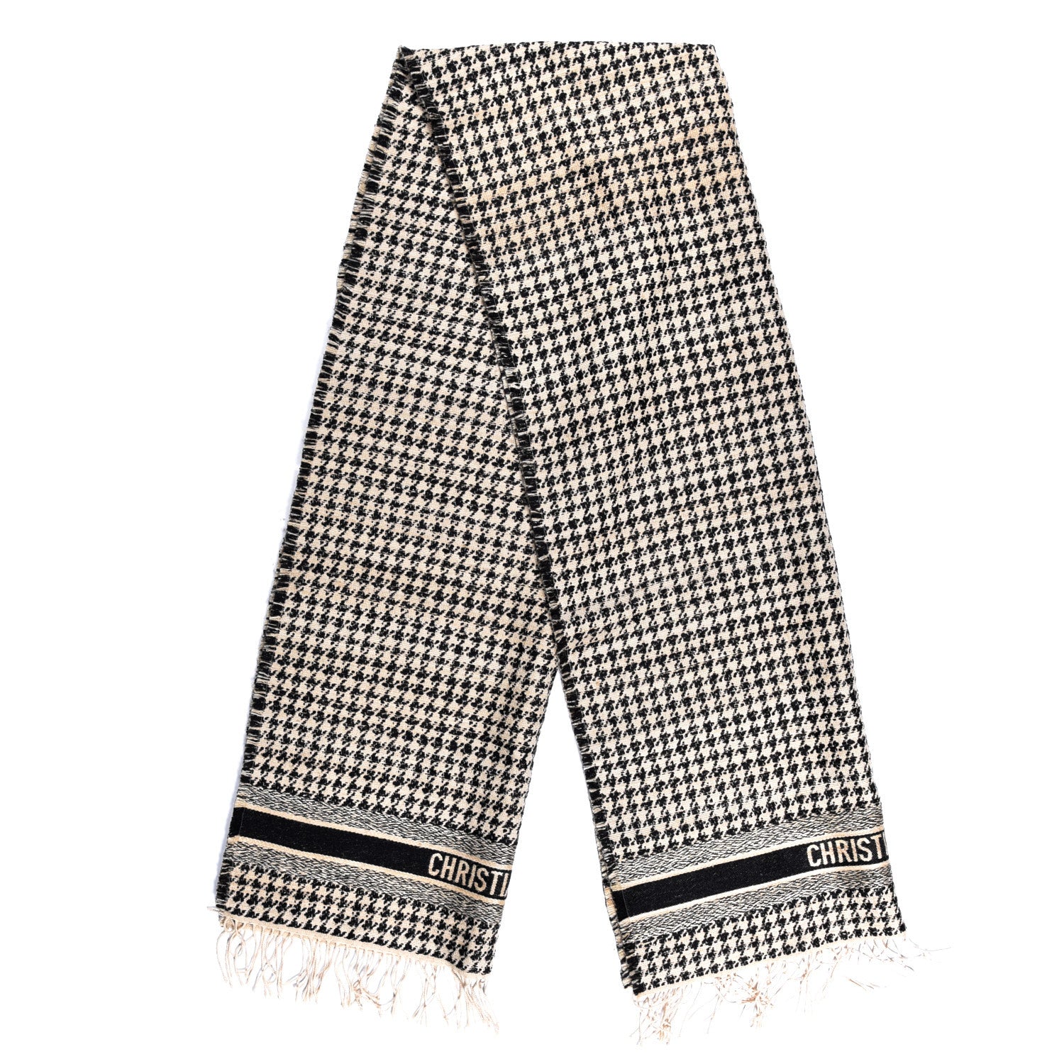 Christian Dior Wool Silk Houndstooth Fringe Scarf Beige Black 1 of 3