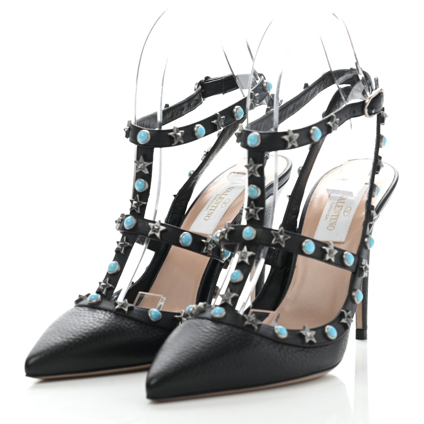 Pebbled Calfskin Stars Turquoise Rockstud Rolling Ankle Strap 100mm Pumps 37.5 Black