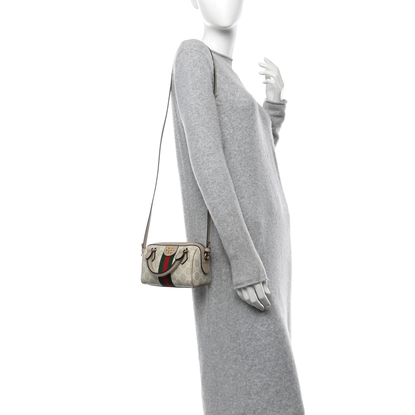 GG Supreme Monogram Textured Dollar Calfskin Web Super Mini Ophidia Top Handle Bowler Bag Beige Mystic White Oatmeal