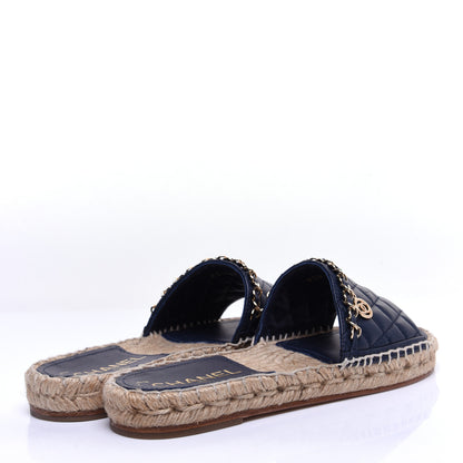Chanel Lambskin Quilted CC Espadrille Slip On Sandals 37 Navy 3 of 12