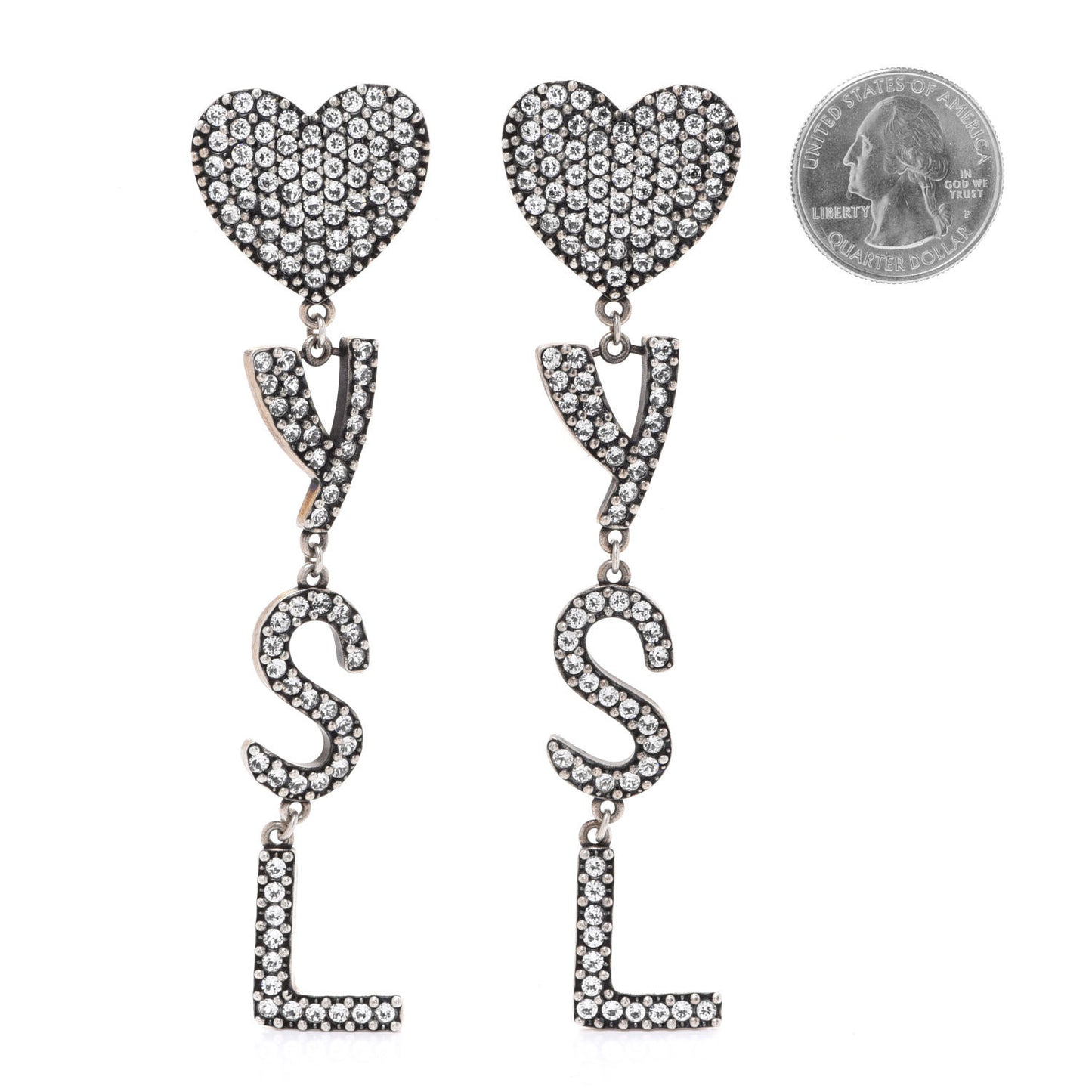 Brass Crystal Monogram Heart Drop Clip Earrings Silver