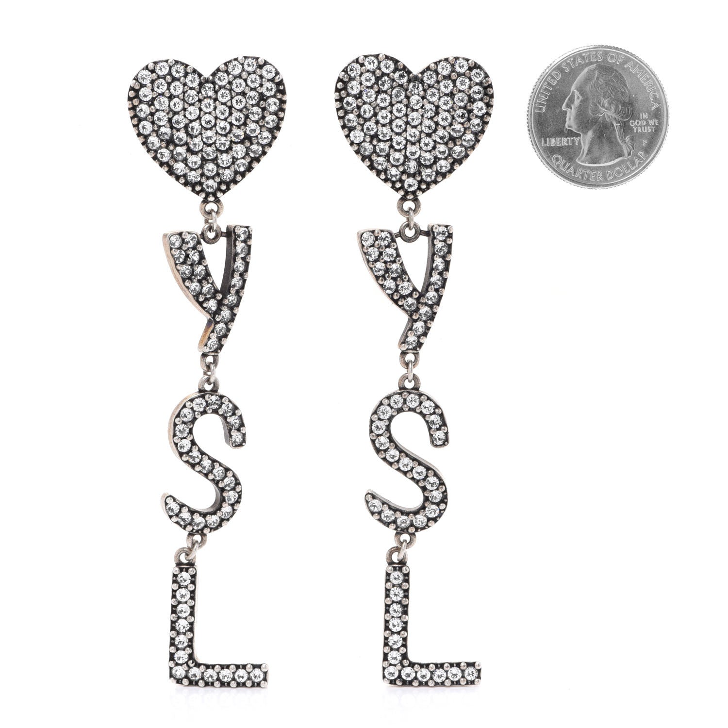 Saint Laurent Brass Crystal Monogram Heart Drop Clip Earrings Silver 2 of 4