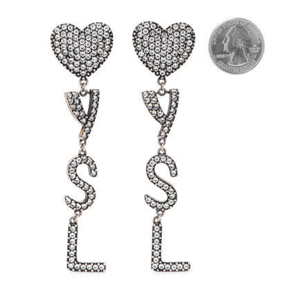 Saint Laurent Brass Crystal Monogram Heart Drop Clip Earrings Silver 2 of 4
