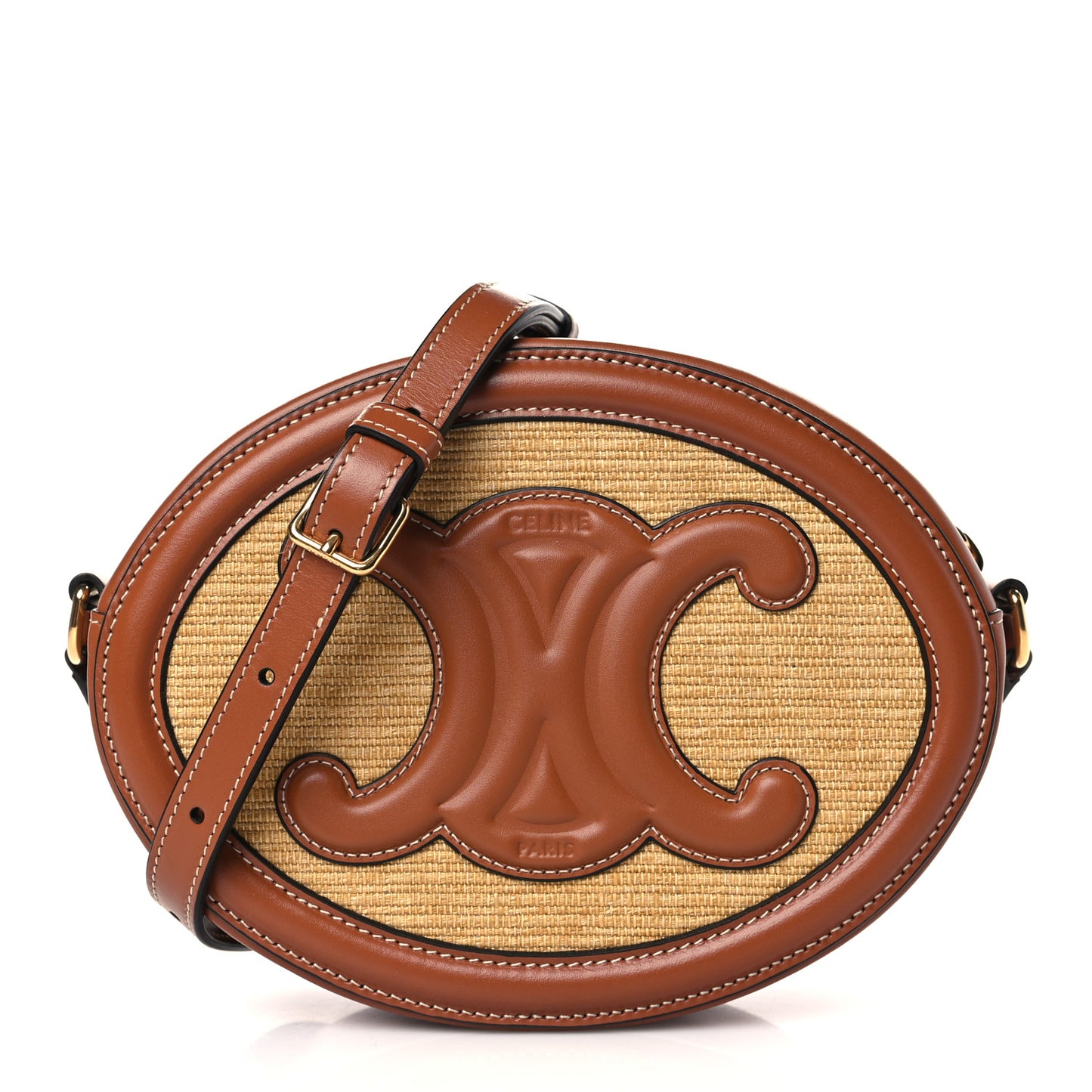 Calfskin Straw Triomphe Oval Purse Crossbody Natural Tan