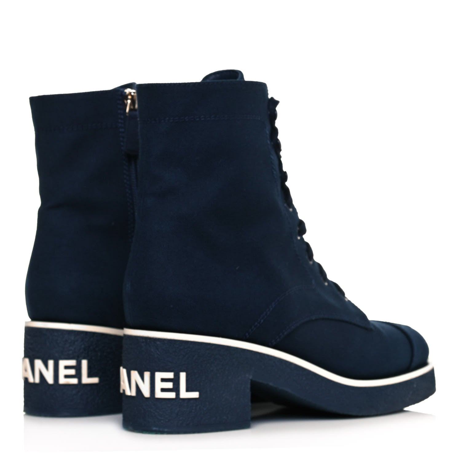 Chanel Fabric Lace Up Combat Boots 40 Navy Blue 4 of 8