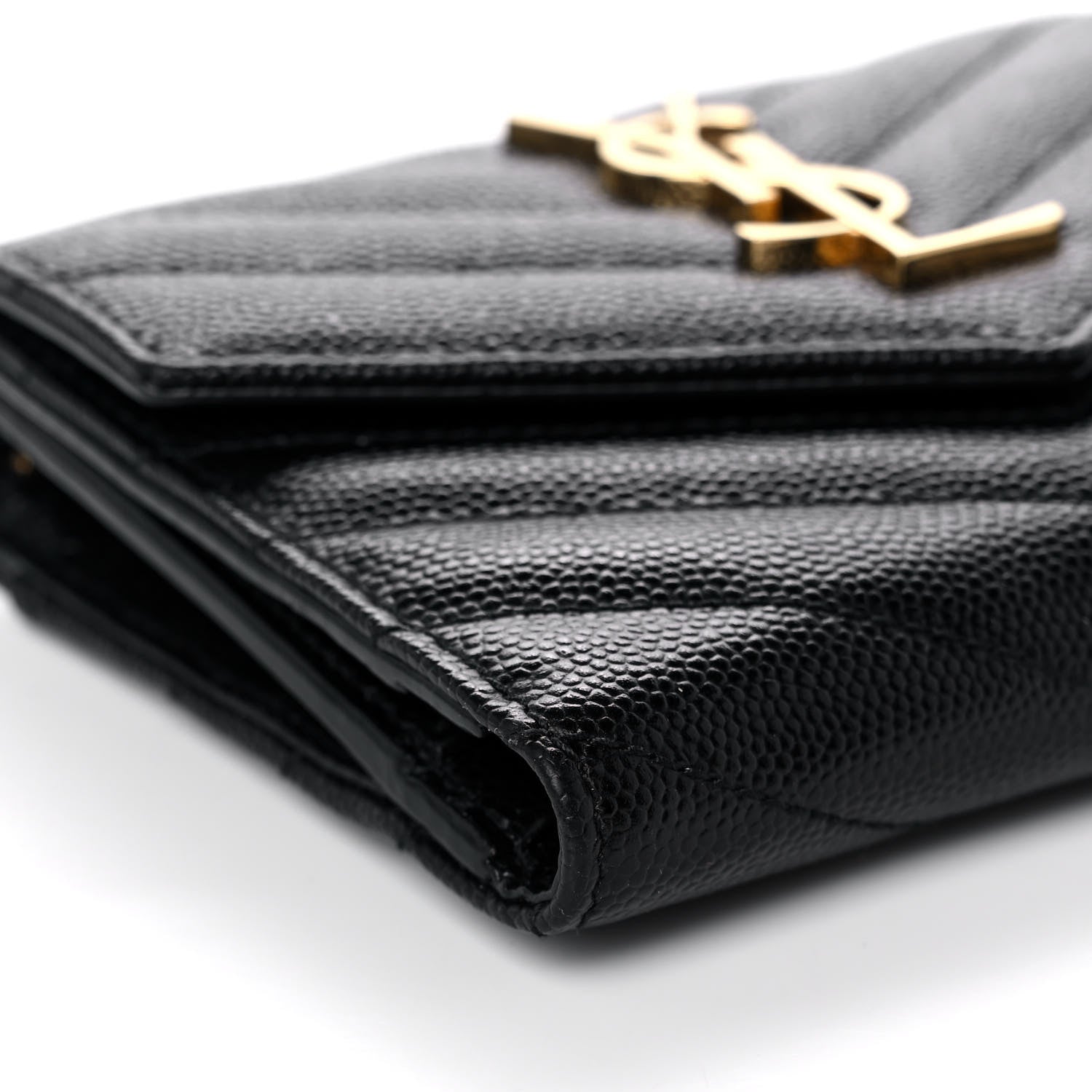 Saint Laurent Grain De Poudre Matelasse Chevron Monogram Compact Tri Fold Wallet Black 9 of 12