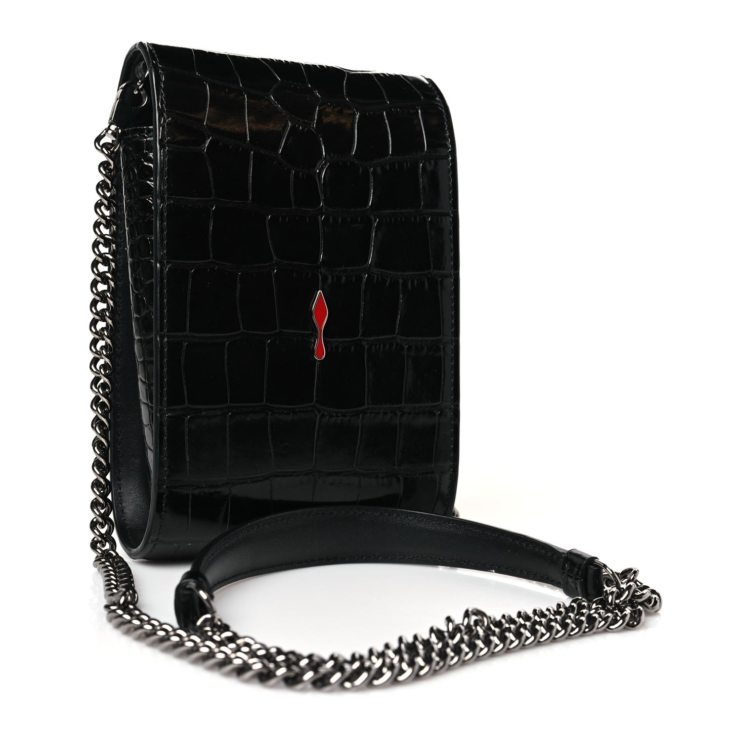 Crocodile Embossed Calfskin Spikes Loubinthesky Paloma Crossbody Phone Case Black