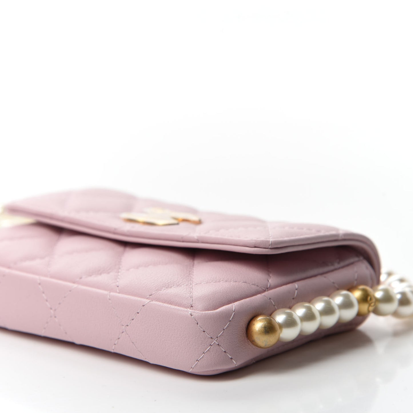 Calfskin Quilted About Pearls Card Holder Flap With Chain Light Pink