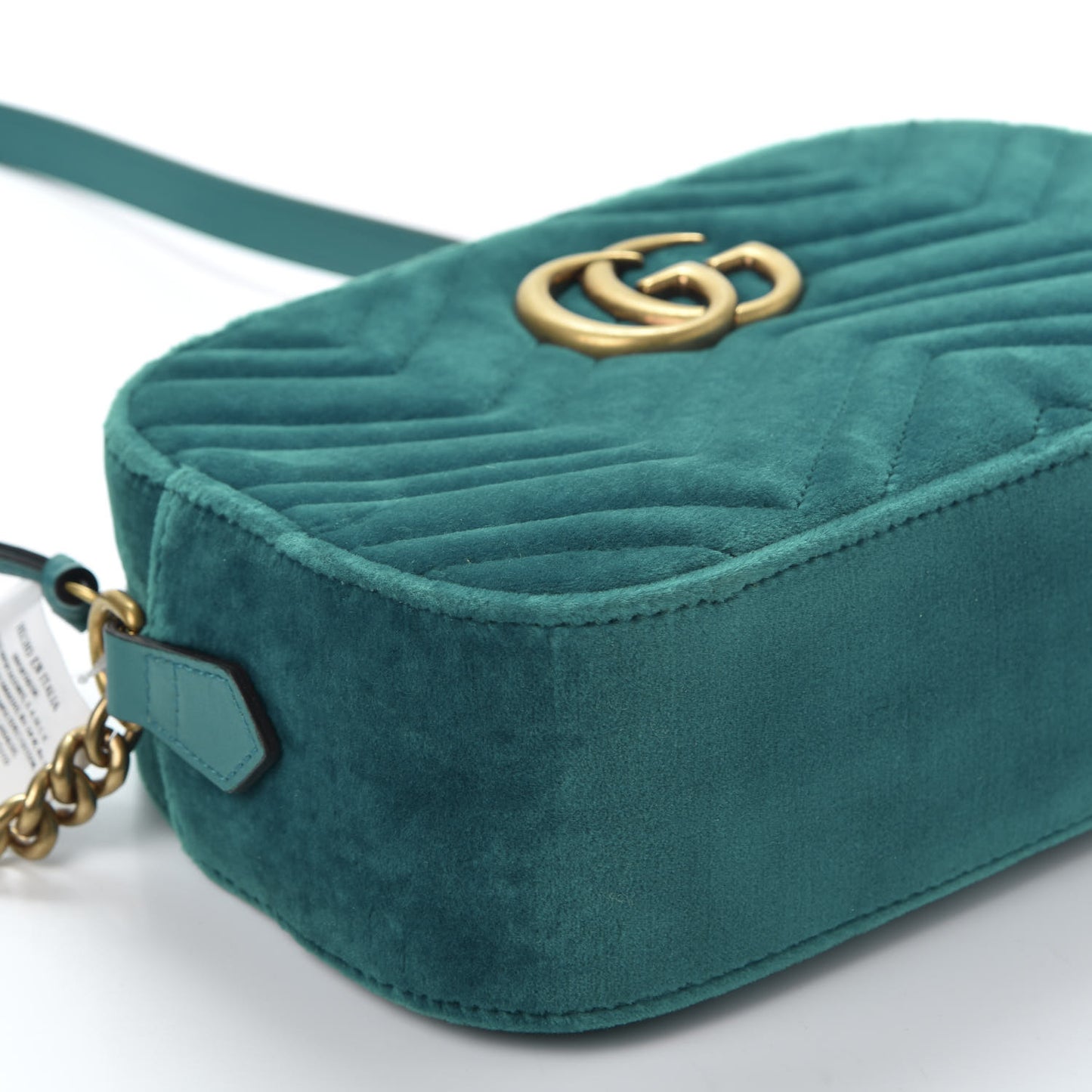 Velvet Matelasse Small GG Marmont Chain Shoulder Bag Pavone Cyan