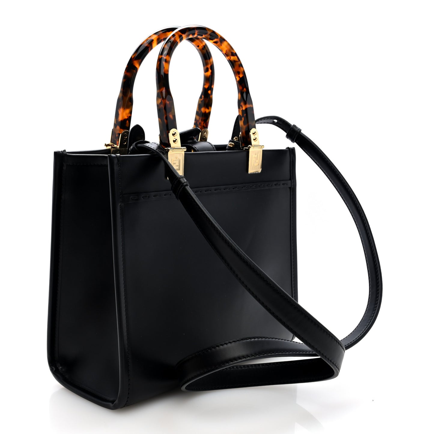 Vitello King Plexiglass Logo Embossed Small Fendi Sunshine Shopper Tote Black