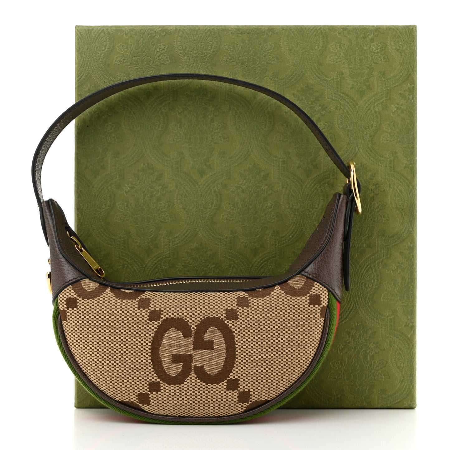 Monogram Jumbo GG Textured Dollar Calfskin Web Mini Ophidia Half Moon Hobo Camel Ebony New Acero
