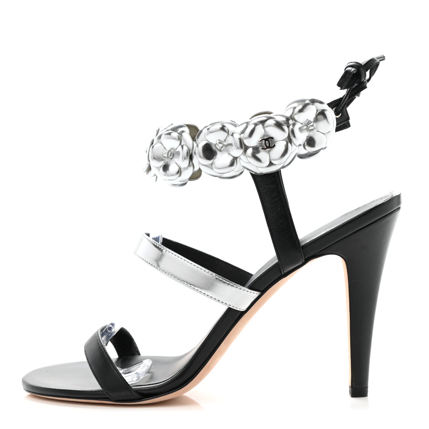 Lambskin Patent Camellia Ankle Strap Sandals 39 Black