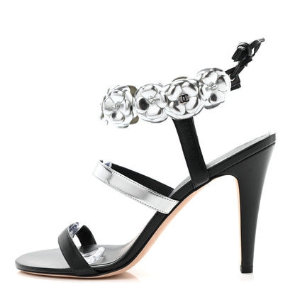 Chanel Lambskin Patent Camellia Ankle Strap Sandals 39 Black 1 of 8